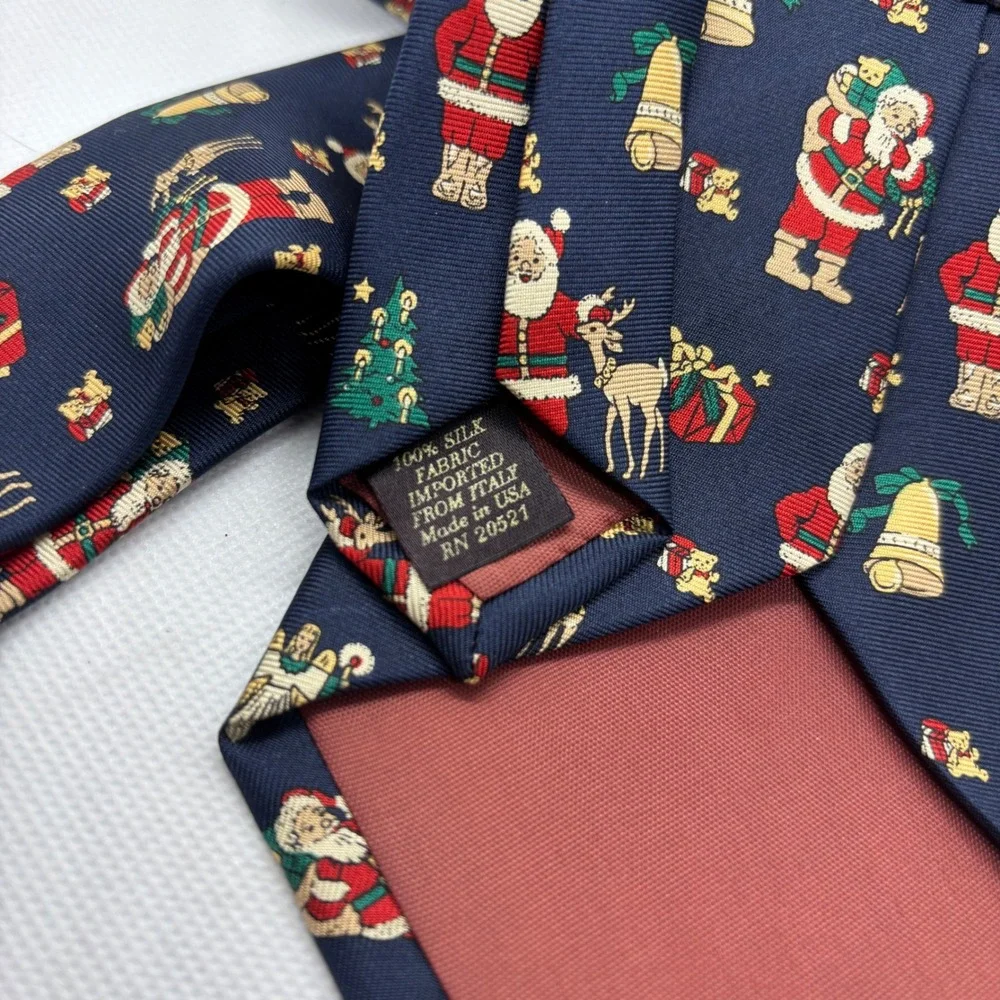 Van Heusen‎ Necktie Mens Navy Blue Christmas Santa Silk Holiday Tie Retro Style